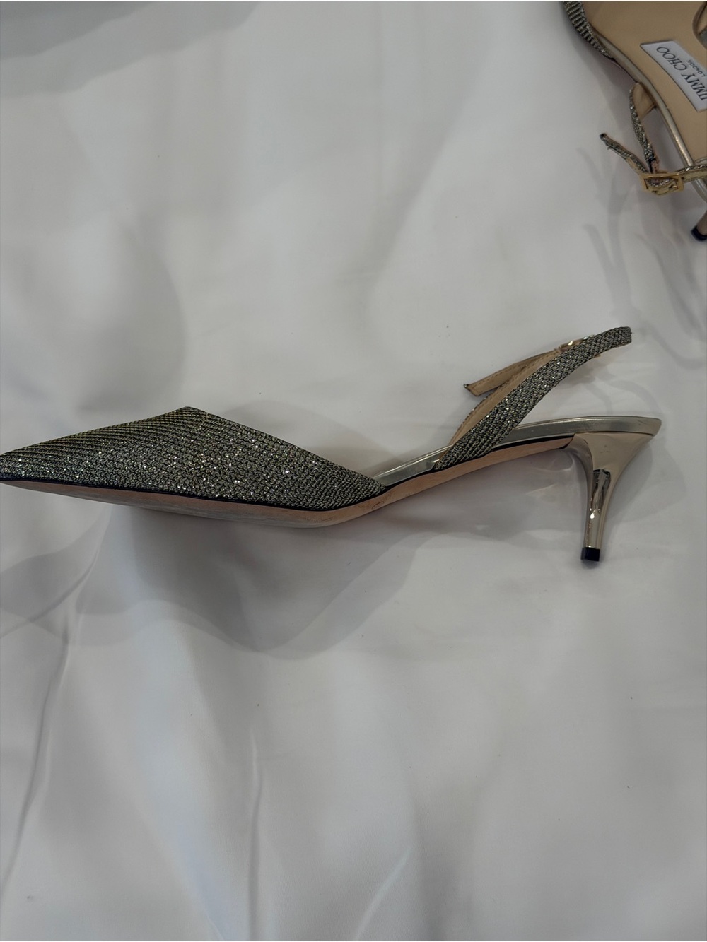 Jimmy Choo Silver Glitter Slingback Kitten Heel